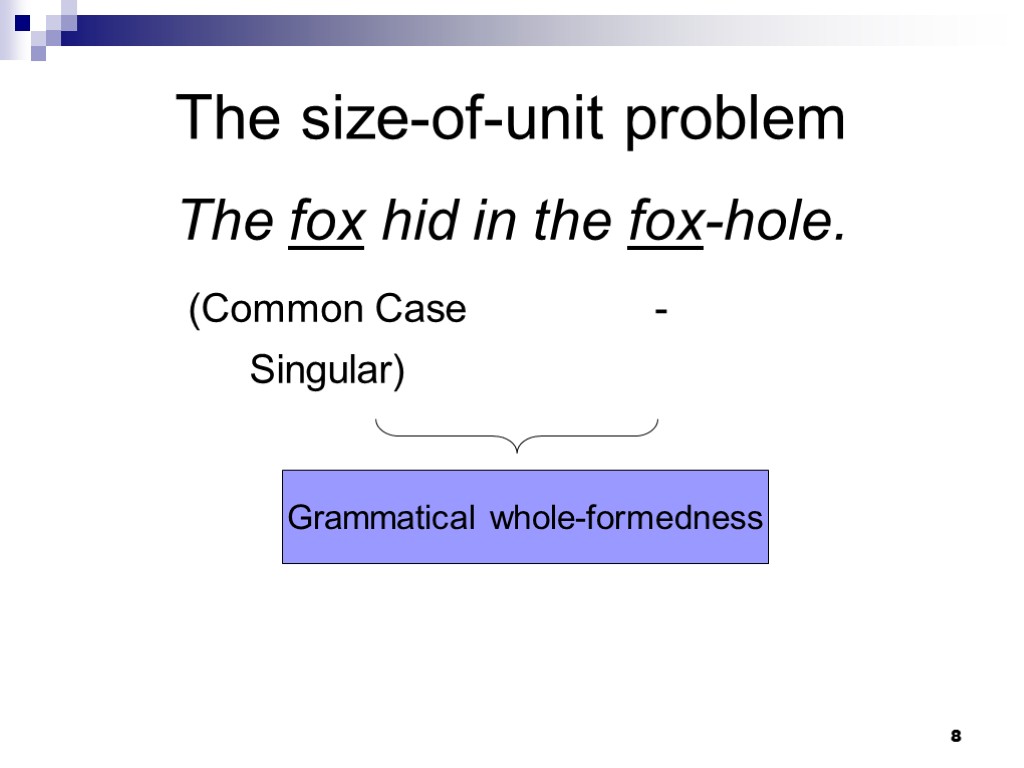 8 The size-of-unit problem The fox hid in the fox-hole. (Common Case - Singular)